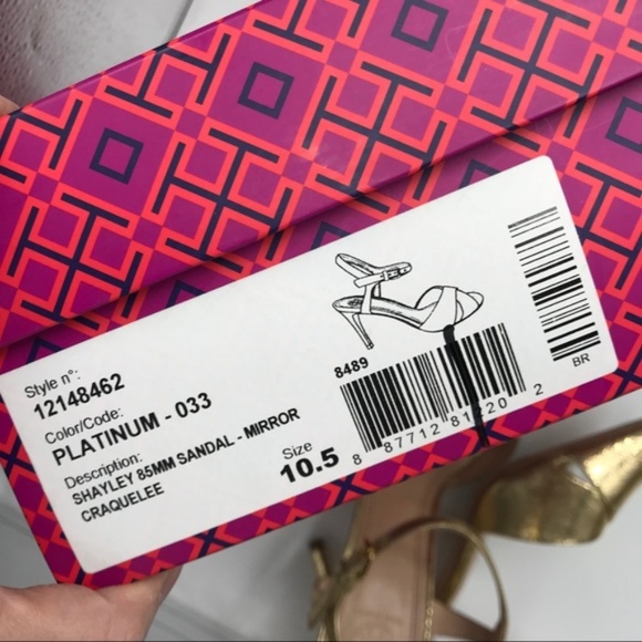 Tory Burch Shayley Mirror Gold Craquelee Heeled Sandal Shoes Size 10.5 - Picture 3 of 8